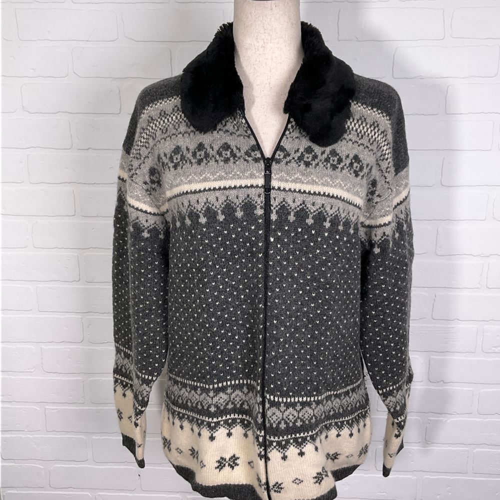 Croft & Barrow Cardigan Women Medium Beige Gray‎ Fair Isle Lambswool Winter VTG